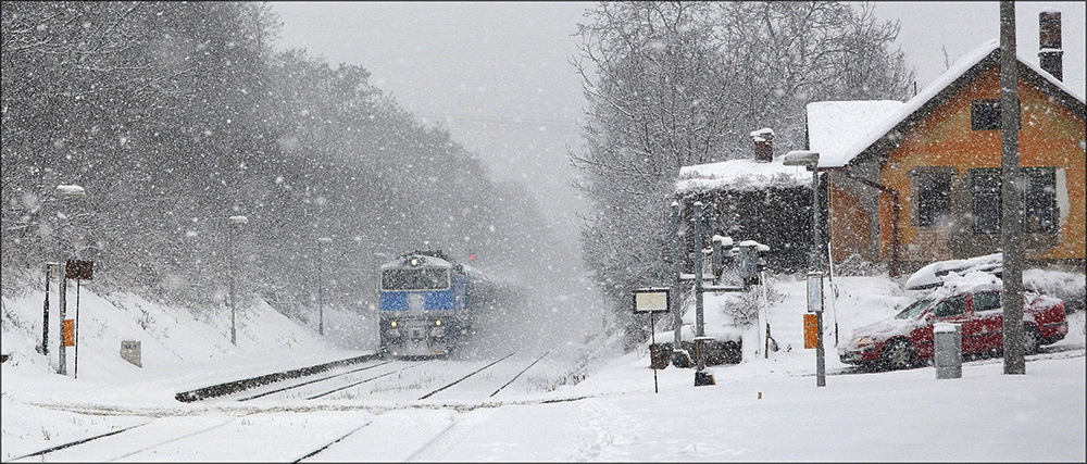 Good job he had his winter tyres on!
At Troubsko the road slopes down quite steeply to cross the railway.
