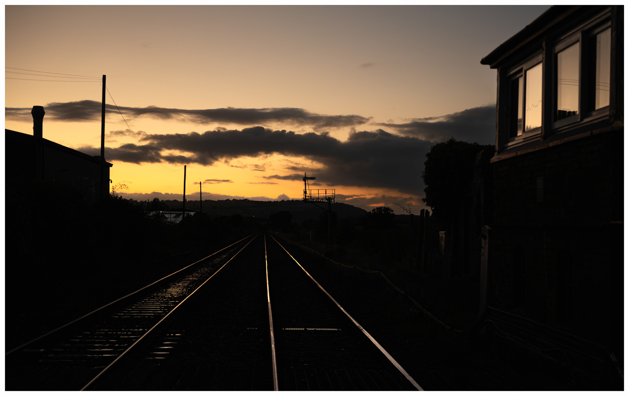 Last Light of the Day
No train involved, just the box at Bromfield, north of Ludlow, on The Marches Line, along with the bracket starter home signal by the former Bromfield Station site, 27.9.24
