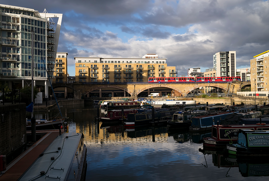 Storm Light at Limehouse
A view of Limehouse Basin, London, as a Docklands Light Railway train heads westwards (left) towards the City.
